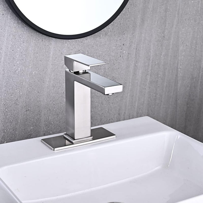 AVSIILE Brushed Nickel Bathroom Faucet, Single Hole Vanity Bath Faucet, Single Handle Modern Stainless Steel Bathroom Faucets for Sink 1 Hole with Pop Up Drain Stopper & Water Supply Hoses - Image 2